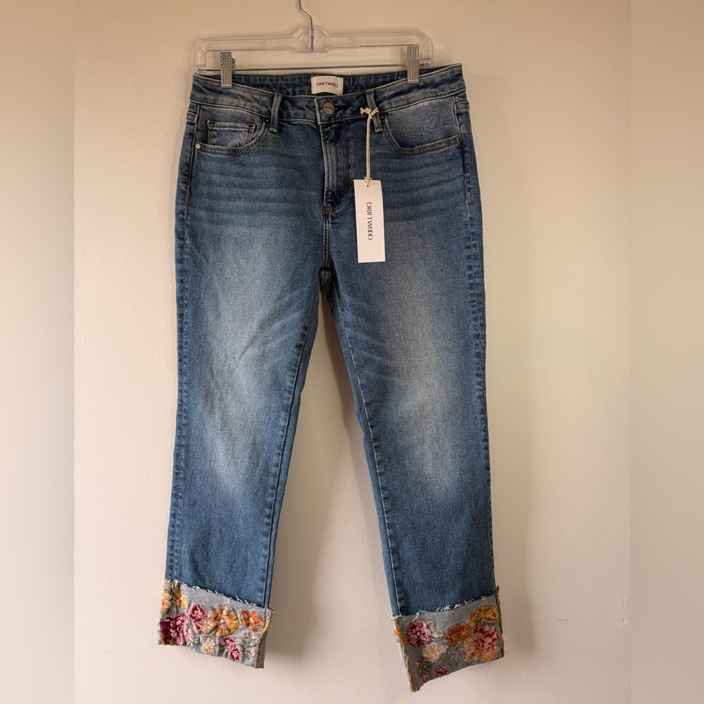 DRIFTWOOD Colette Blue Cropped Jeans with Embroidered Floral Cuffs